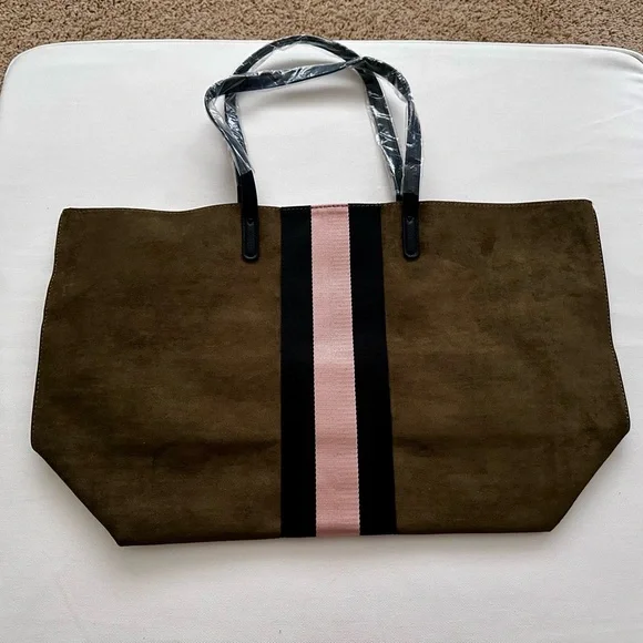 NWOT-Neiman Marcus Olive Green and  Pink Canvas Tote Bag with Minimalist Design - Picture 2 of 7